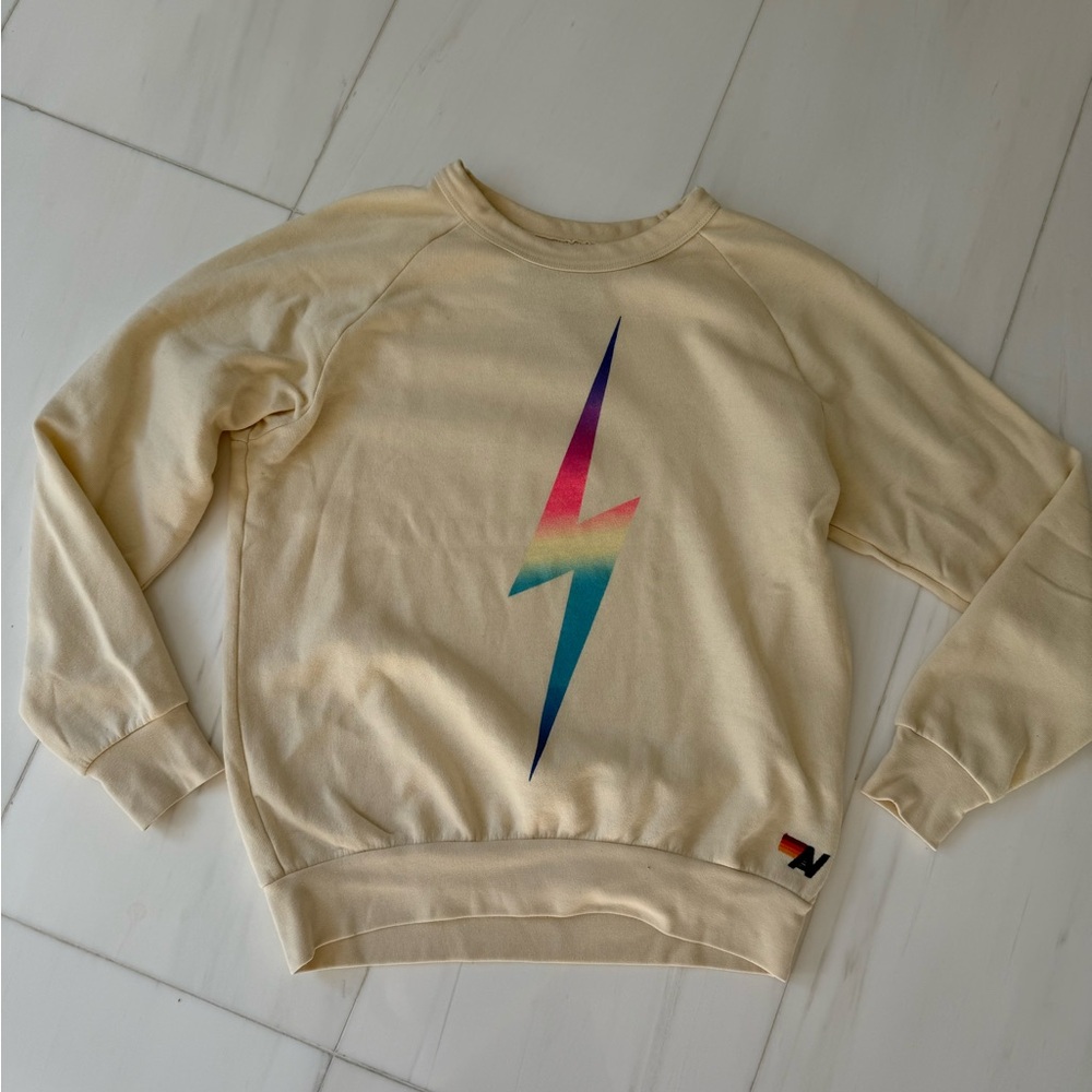 Aviator Nation Tan Sweatshirt with Colorful Lightning Bolt